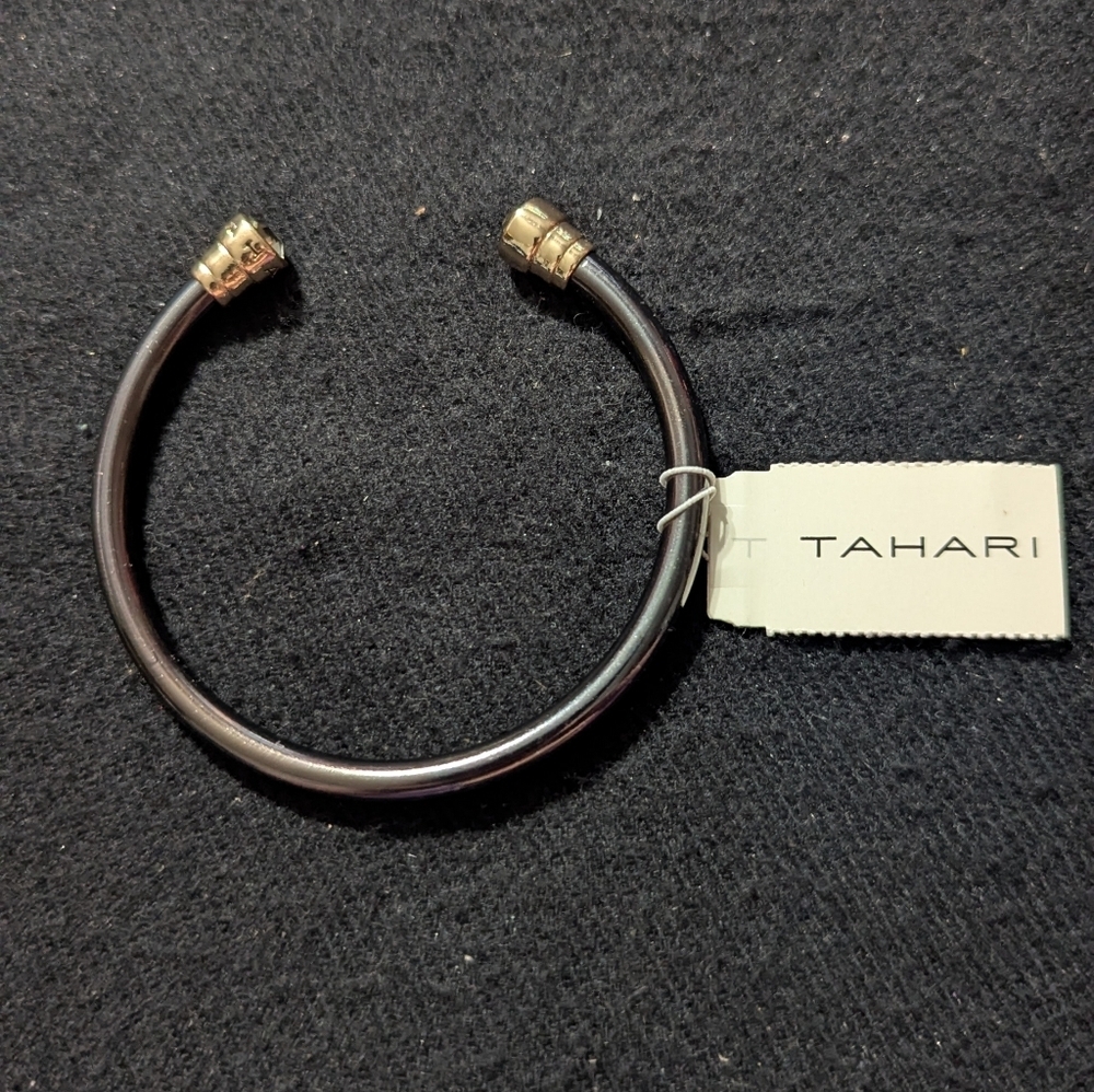 Tahari Gold Tone Black With Grey Rhinestone Bangle Statement Bracelet